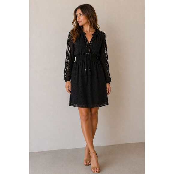 Altuzarra Dresses & Skirts - Altuzarra Long Sleeve Boho Beaded Black Sequined Swiss-Dot Chiffon Dress Size 6